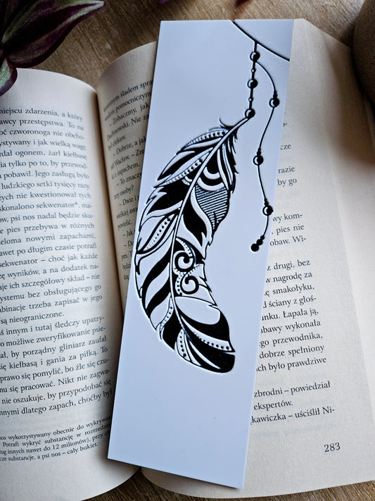 Tribal Feather Design 3D Printed Bookmark - Black and White