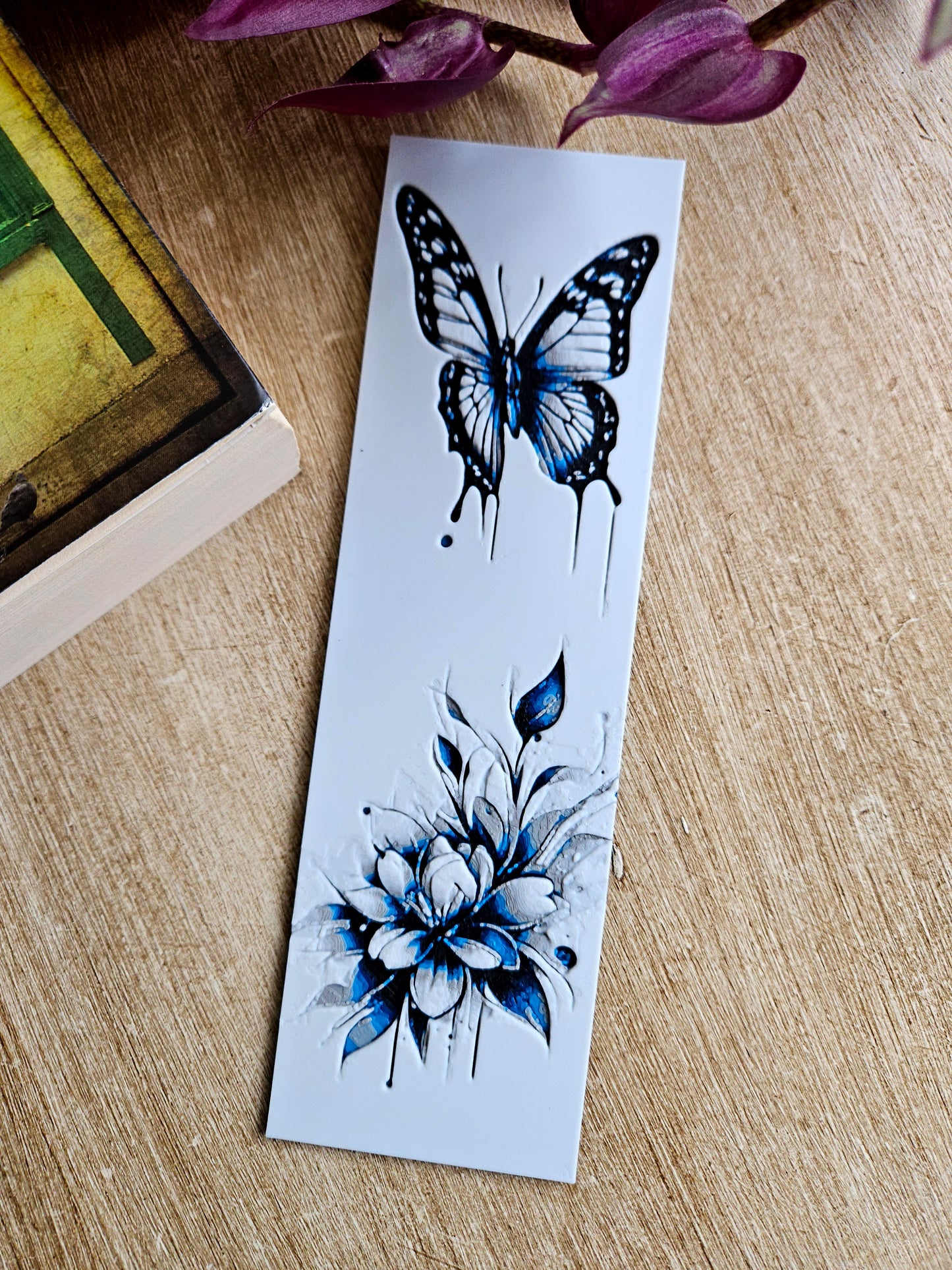 Elegant Blue Butterfly and Floral 3D Printed Bookmark