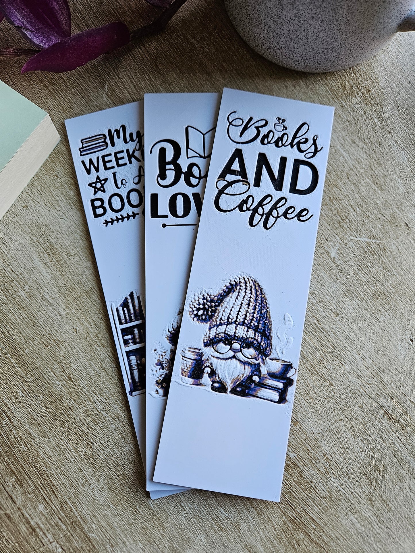 Set of 3 Gnome-Themed 'Books & Coffee' 3D Printed Bookmarks | Perfect for Book Lovers and Coffee Enthusiasts