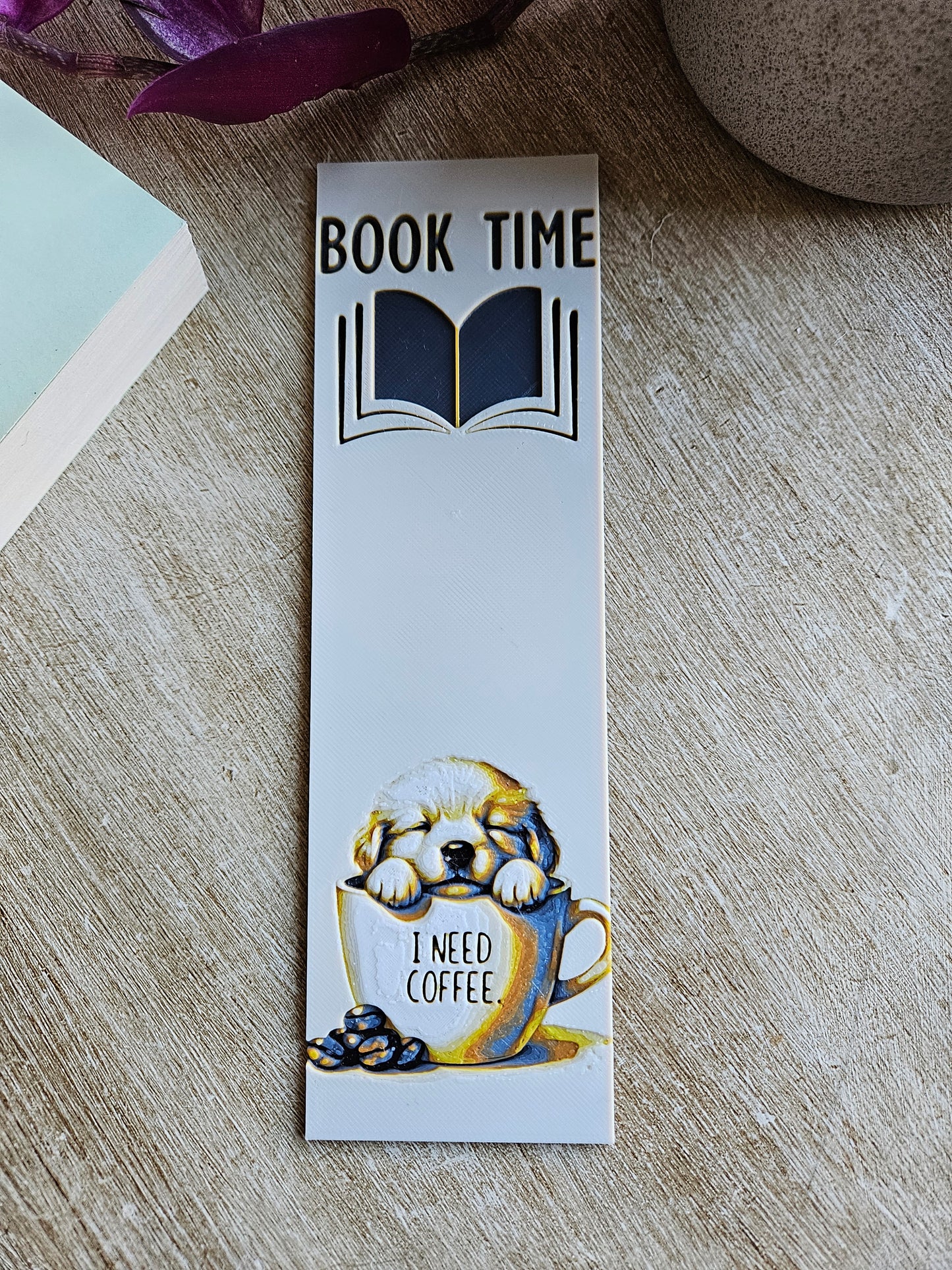 Book Time 3D Printed Bookmark – Cozy Coffee Puppy Design