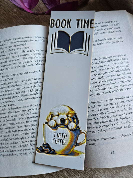 Book Time 3D Printed Bookmark – Cozy Coffee Puppy Design