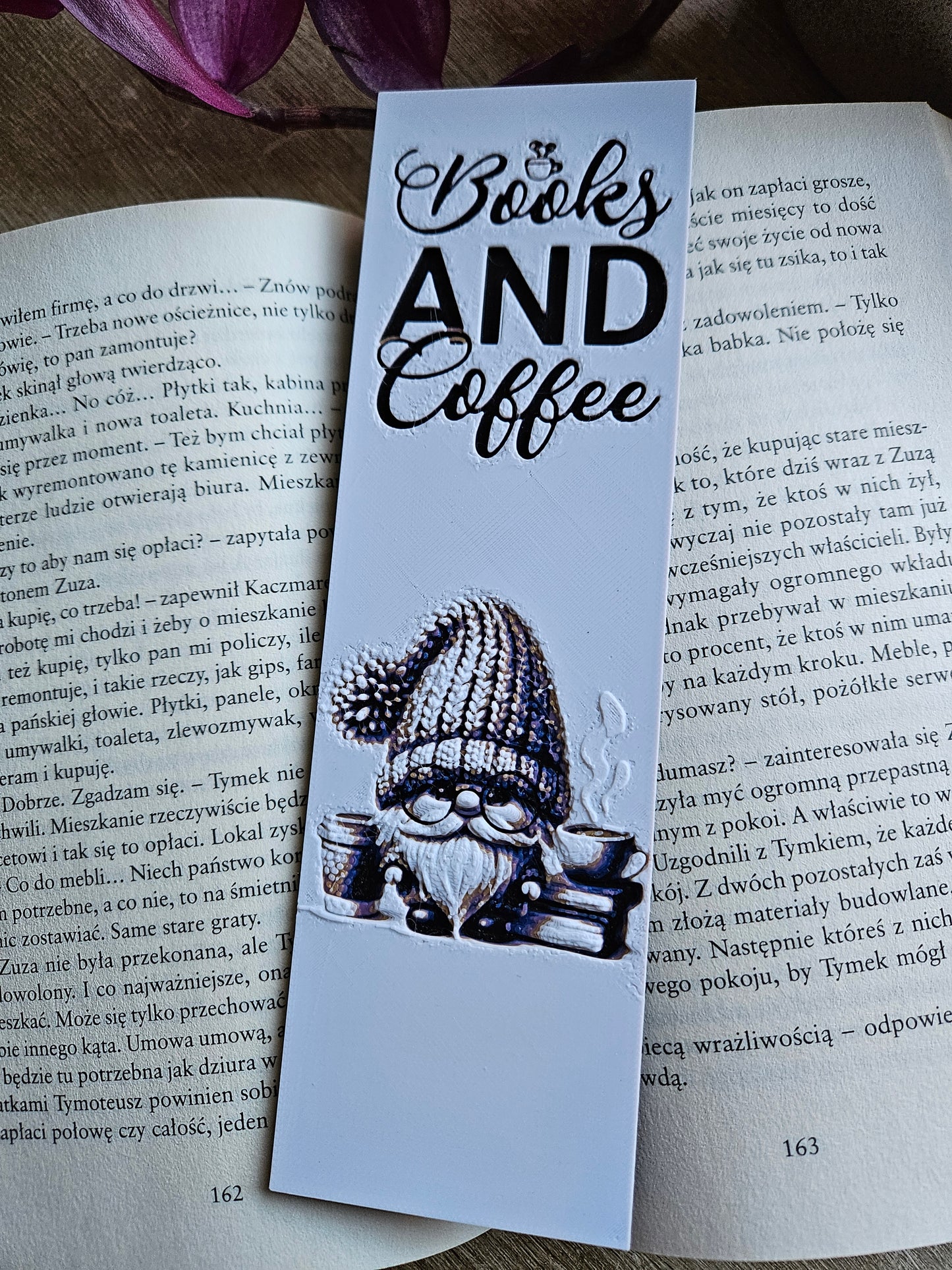 Books and Coffee 3D Printed Bookmark - Cozy Gnome Design