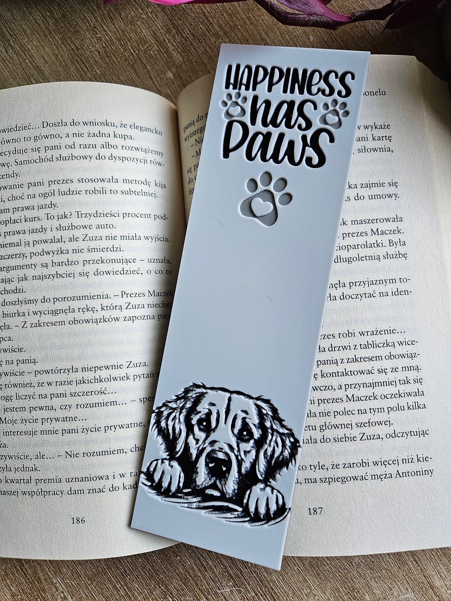 Set of 3 Dog-Themed 'Happiness Has Paws' 3D Printed Bookmarks | Perfect for Pet Lovers